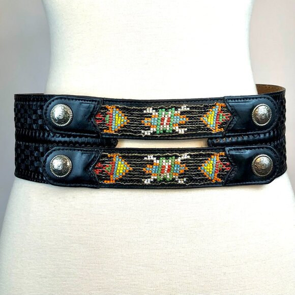 Vintage 80's Wide Black Leather Belt Conchos Beads & Hand-Tooled 24–30.25” - Picture 1 of 14